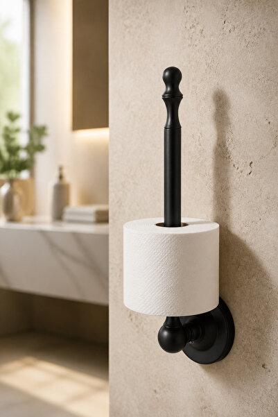 İSAOĞLU YAPI Matte Black Retro Vertical Toilet Paper Holder Complete Brass Ma...