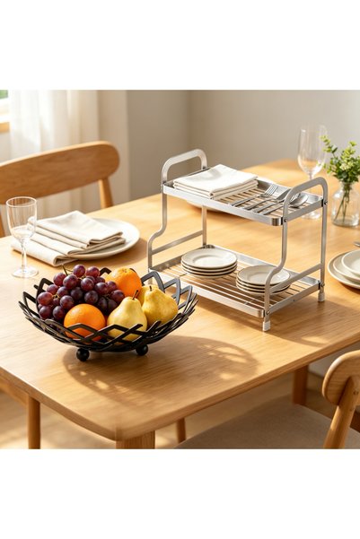 HT Home Organizers 2-piece set - double-layer stainless steel kitchen countertop storage rack and fruit basket, space-saving, easy to clean