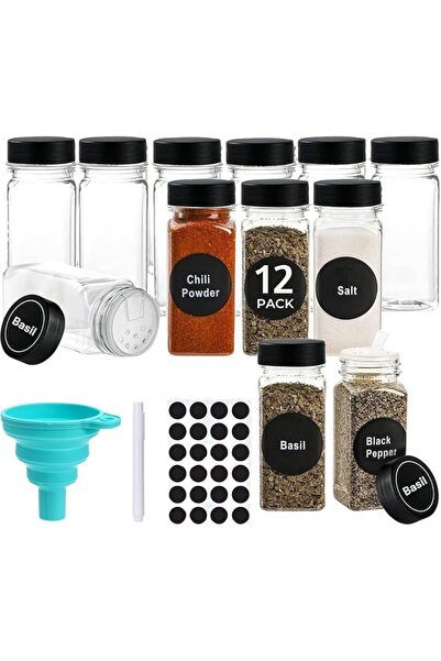 Home Zone 12 Pcs Glass Spice Jars - 4oz Empty Square Spice Bottles - Shaker L...