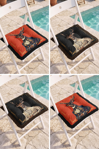 Realhomes Red and Black 4-Piece Fringed Puffy Chair Cushion Set with Deer Por...