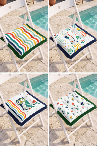 Realhomes Colorful Flower, Owl and Striped Patterned 4-Piece Fringed Puffy Ch...