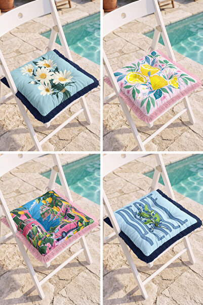 Realhomes Set of 4 Fringed Puffy Chair Cushions with Lemon, Daisy, Pink Car a...