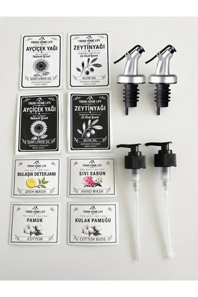 Trend Home Life 8 Adet Etiket Sticker, 2 Adet Yağdanlık Başlığı, 2 Adet Sıvı Sabun Deterjan Pompası Ayçiçek Yağı Zeytinyağı Sıvı Sabun Bukaşık Detejanı Etiketi