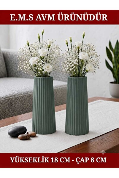 E.M.S AVM 2 Pieces Mint Green Color Long Large Size Striped Vase Bohem Long V...