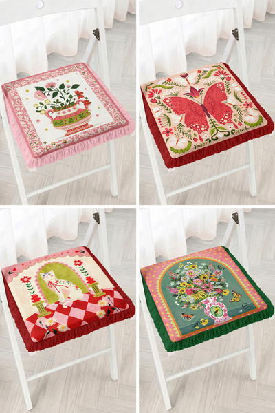 Realhomes Butterfly, Cat and Flower Vase Multi-Colored Patterned 4-Piece Frin...