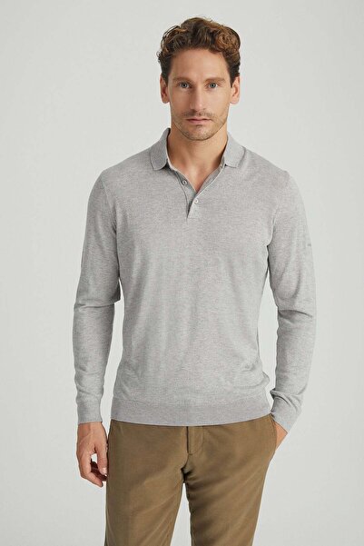 Silk and Cashmere Açık Gri İpek Kaşmir Utku Polo Yaka Triko