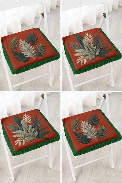 Realhomes Botanical Leaf Pattern Tile and Green 4-Piece Fringed Zippered Chai...