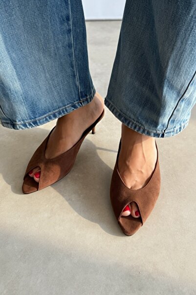 nope21shoess Onyx Light Brown Genuine Leather Heeled Slippers