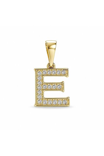 Zeino E Harfi Zirkon Taşlı Minimal Kolye Ucu - 14k Altın Kaplama - 9 x 16 mm