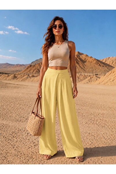 BILDEŞA Women's High Waist Pleated Wide Leg Yellow Palazzo Pants