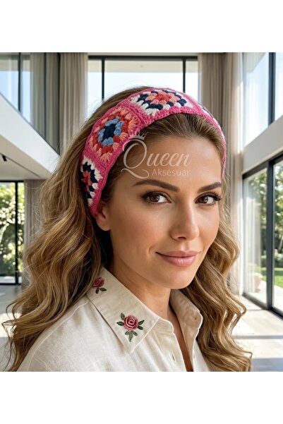 QUEEN AKSESUAR Trend Wide Mesh Lattice Floral Pattern Knitted Crown Hair Band...