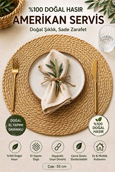 ERYHOME %100 Doğal Hasır Amerikan Servis 33 cm 6' lı Yuvarlak Supla – Bohem M...