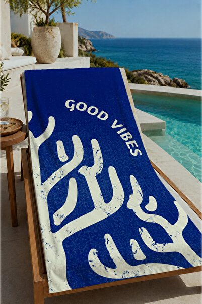 Evmila Navy Blue Good Vibes Written Minimal Hand Patterned 70X150 Beach Towel...