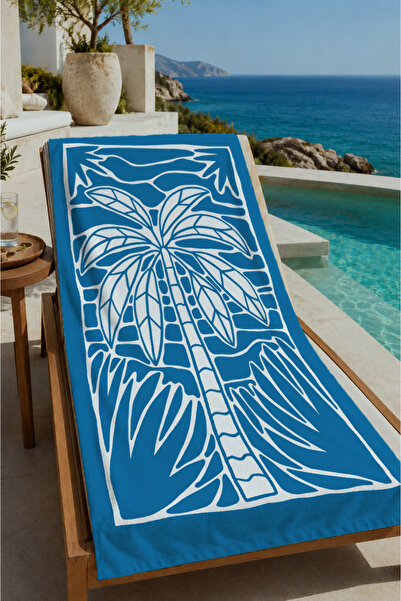 Evmila Blue and White Block Print Palm Pattern 70X150 Beach Towel - Cotton Ba...