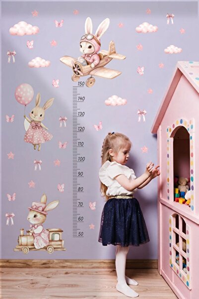Sticker Ekspres Pembeli Tavşanlar Boy Cetveli Boy Ölçer Çocuk Bebek Odası Duvar Sticker Seti