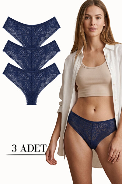 LİBELLA İÇ GİYİM Women's Lace Front and Back Brazilian Panties Lycra Navy Blu...