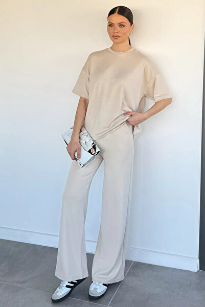 Aryena Stone Women's Crew Neck T-Shirt Elastic Waist Palazzo Pants Two-Piece Set