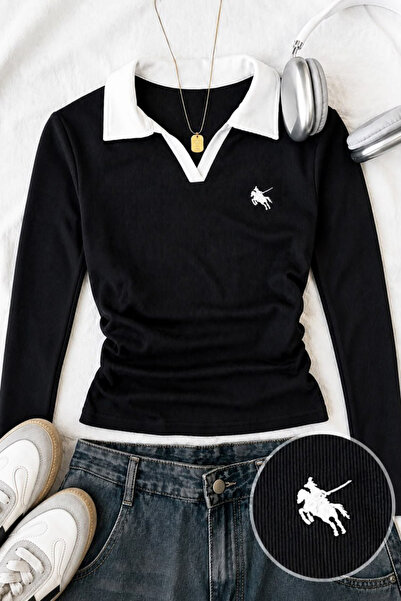 Gofeel Ophella Polo Collar Embroidered Gathered Long Sleeve Blouse