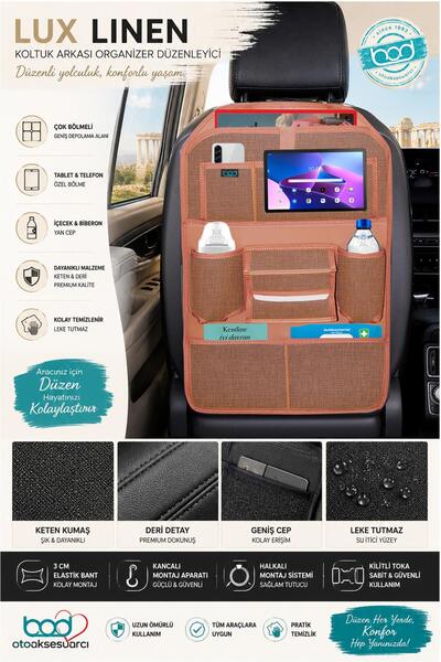 Bod Lux Linen Series Linen Seat Back Organizer Car Interior Organizer Brown