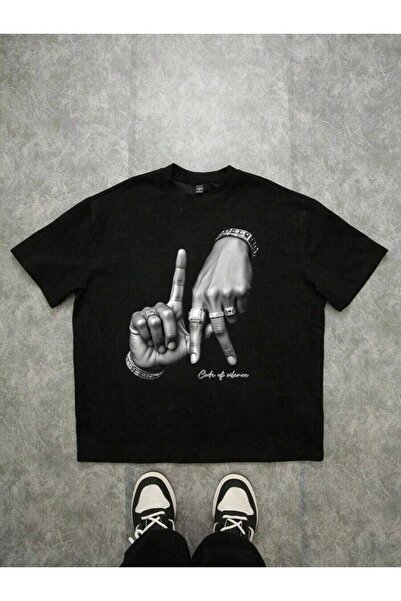 NOURAM Manfinity Los Angeles LA Hand Gesture Logo Print Street Style Black Dr...