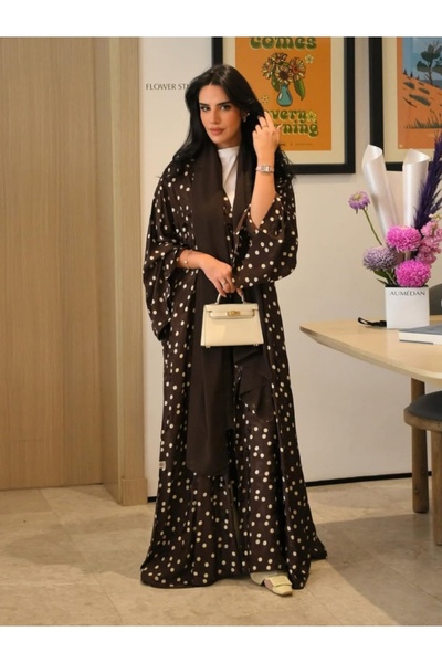 Noon Noora Wrinkle-free Polka Dot Print Elegant Abaya (including Headscarf)