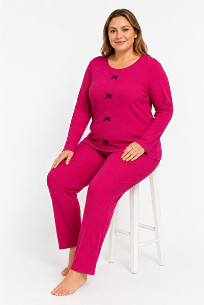 FAMES PİJAMA Büyük Beden Kaşkorse Mevsimlik Koyu Pembe Pijama Takımı