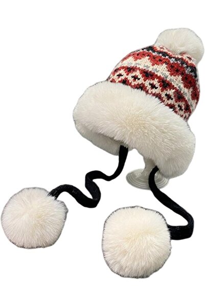 STARSTAR Women's pom-pom ski hat blue/white warm fleece.