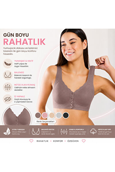 Yeni İnci Women's Front Open Snap Fastener Wire Free Bra Wide Straps Soft Tex...