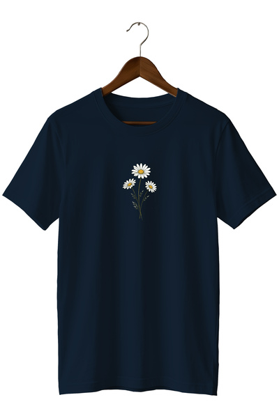 remonz Minimal Daisy Flower Printed Unisex T-Shirt Cotton Crew Neck Basic T-S...