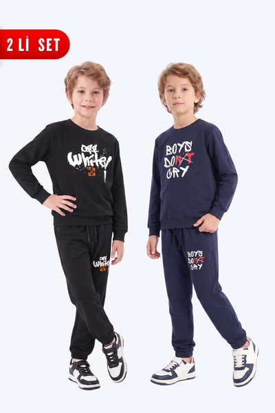 FYK KİDS طقم بدلة رياضية للأولاد مكون من قطعتين بطبعة وياقة دائرية وجيبين