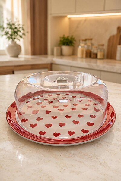 İLİVA Covered Cake Dish 31 cm Heart Patterned Ceramic Cake and Pastry Present...