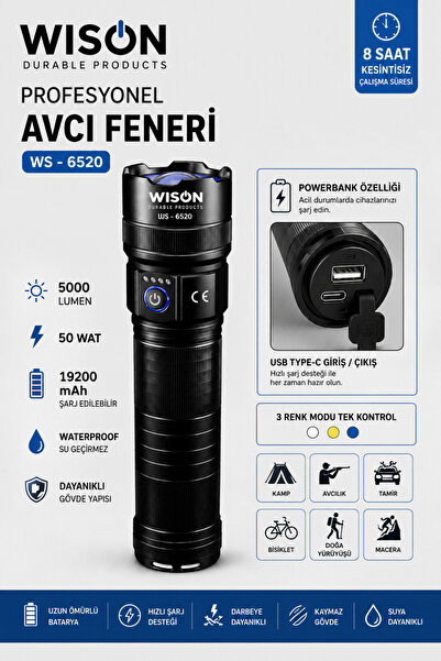 Genel Markalar WISON WS-6520 Profesyonel Şarjlı El Feneri 5000 Lümen 50W 1920...