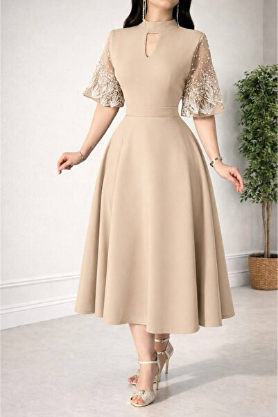 led style Elegant High Neck Midi Dress with Pearl Embellished Tulle Sleeves