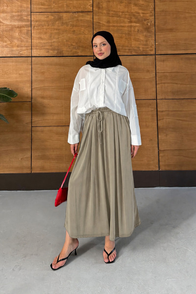 Miss Allos Wide-Legged Draped Modal Fabric Skirted Trousers with Elastic Waist