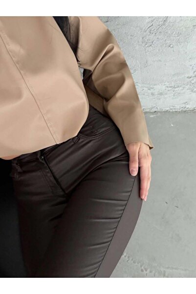 Moda Days Women's Brown High Waist Skinny Jeans with Shiny Texture