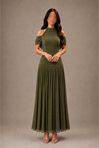 Jood Midi Dress with Soft Beading and Luxurious Off-The-Shoulder Neckline