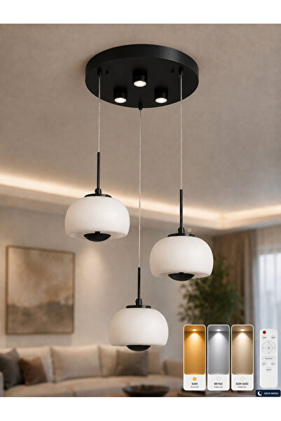 Mermer Desenli Ledli Cam Avize 3 lü Kumandalı (15 Cm Cam) Oturma Odası, Salon, Yatak Odası, Hol