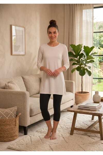ModaLeaf Women's Ecru Capri Sleeve Cotton Crew Neck Combed Cotton Tunic Ysn-1