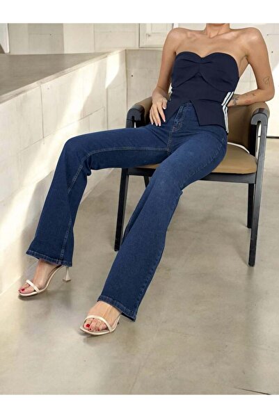 Clothes Fast Women's Dark Blue High Waist Dark Blue Spanish Leg Denim Jean Pa...