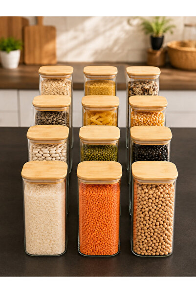 Karçiçeği Home Set of 12 1600 ml Square Borosilicate Glass Jars – Vacuum Seal...