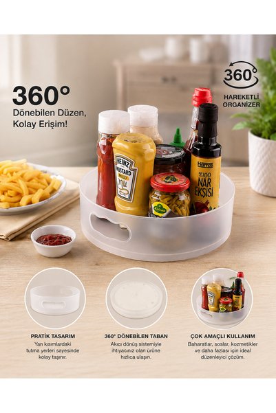 KONTEF 360° Döner Servis Tepsisi Şeffaf Yuvarlak İkram ve Sunum Tepsisi