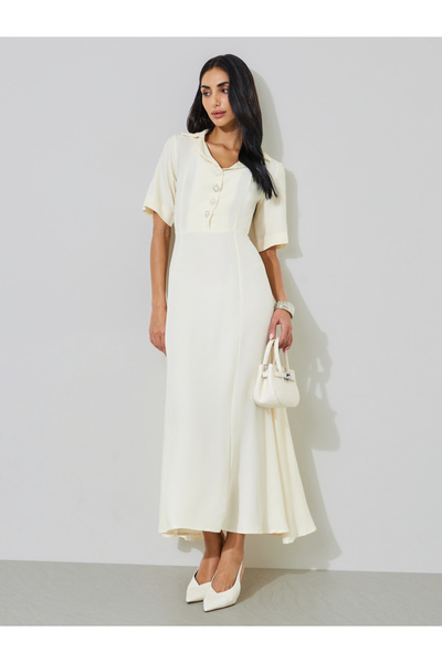 Styli White Short Sleeve Button Detail Shirt Maxi Dress