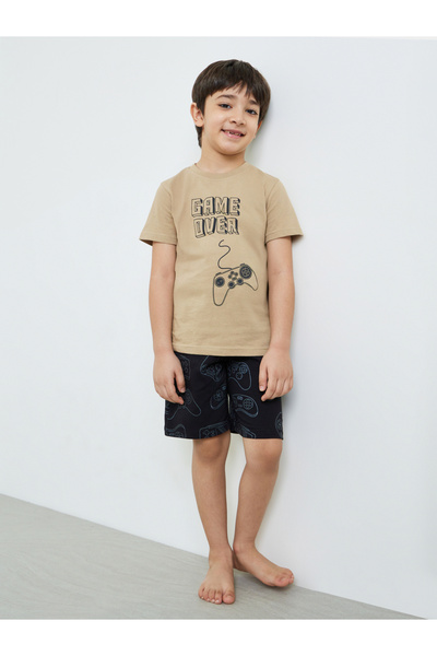 Styli Boys Beige Gaming Graphic T-Shirt and Shorts Set