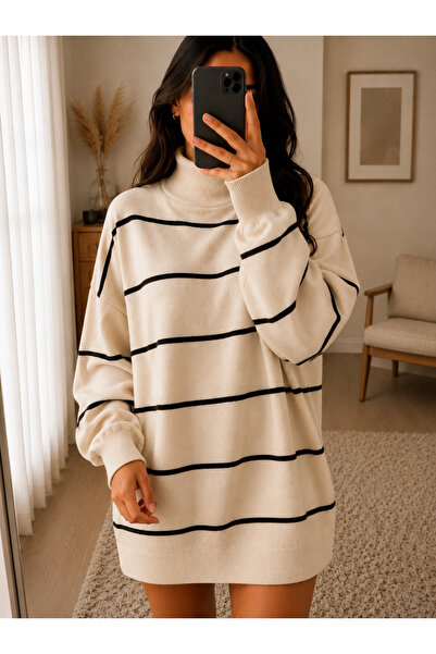 DepoExport Women's Half-Throat Striped Knitwear Sweater Oversize Loose Design