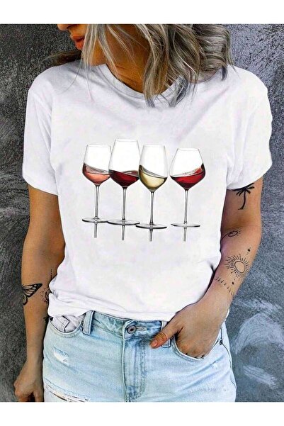 k222 Women's Solid Color Round Neck Short Sleeve Four Cups Of Wine Print Casu...