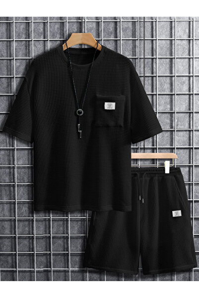 Take Two By Styli Men Black Waffle Knit T-Shirt and Shorts Set
