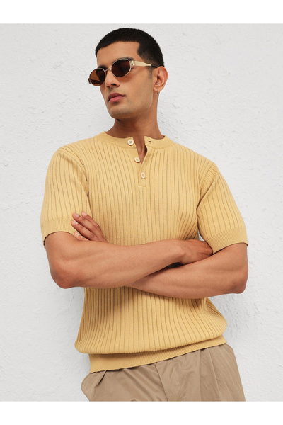 Mascln Sassafras By Styli Men Beige Rib Relaxed Fit Henley T-Shirt