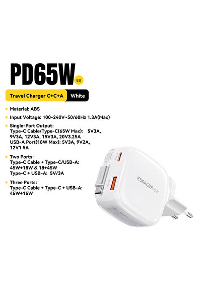 Choice3 ESSAGER EU GaN Pro 65W White Essager 65W GaN pro Charger with Retract...