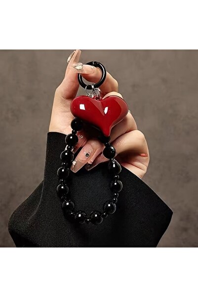 Choice سلسلة هاتف كورية حمراء ثلاثية الأبعاد على شكل قلب مزينة بالخرز، حبل تع...