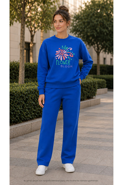 TREND EMMODA Women's Watercolor Effect Floral Print Tracksuit Set/Round Neck ...